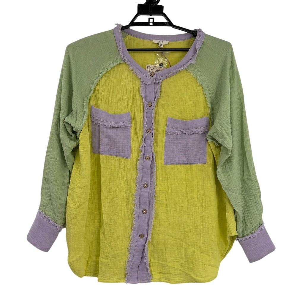 Easel Oversize Button Front Womens Top Sz S Lagenlook Colorblock Pastel Boho New